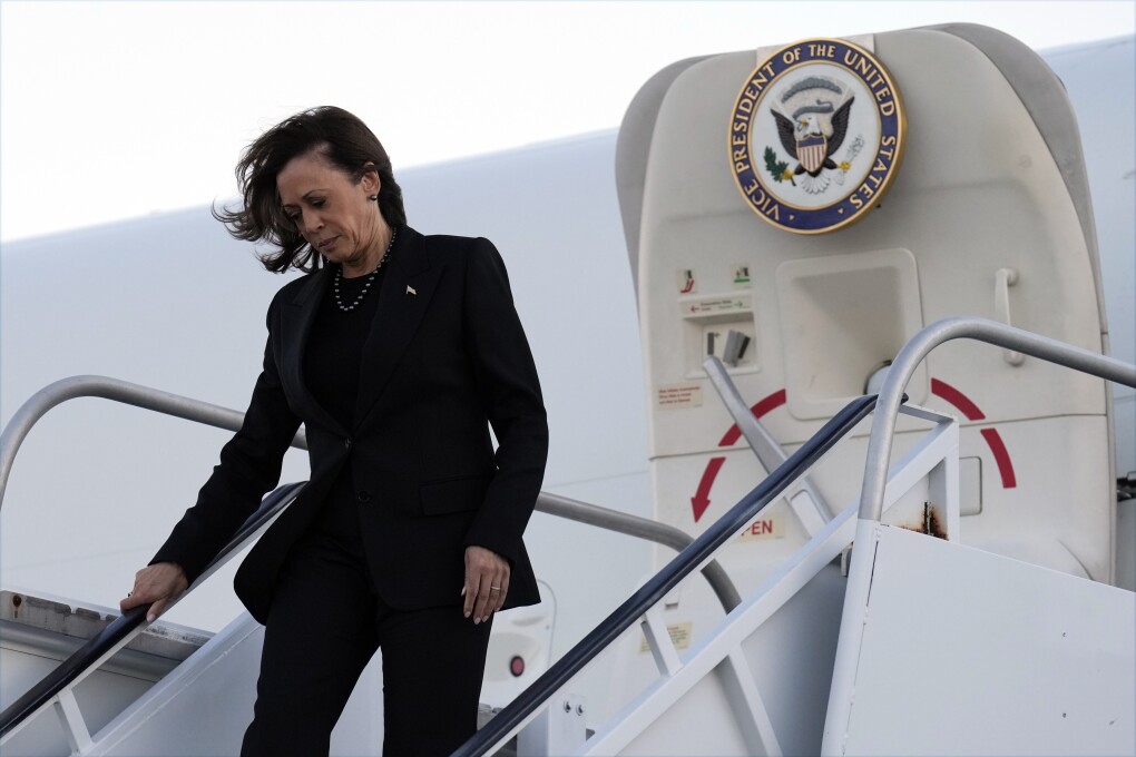 Democratic presidential nominee Vice President Kamala Harris arrives at LaGuardia Airport, Monday Oct. 7, 2024, in New York. (AP Photo/Jacquelyn Martin)